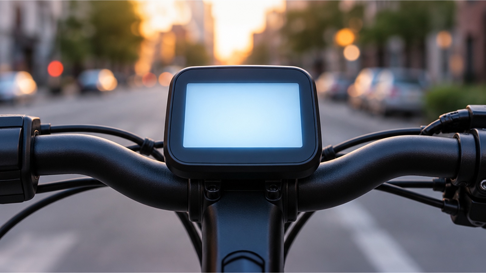 Close-up of a glowing e-bike LCD display mounted on the handlebar, with a city street out of focus behind it at sunset
