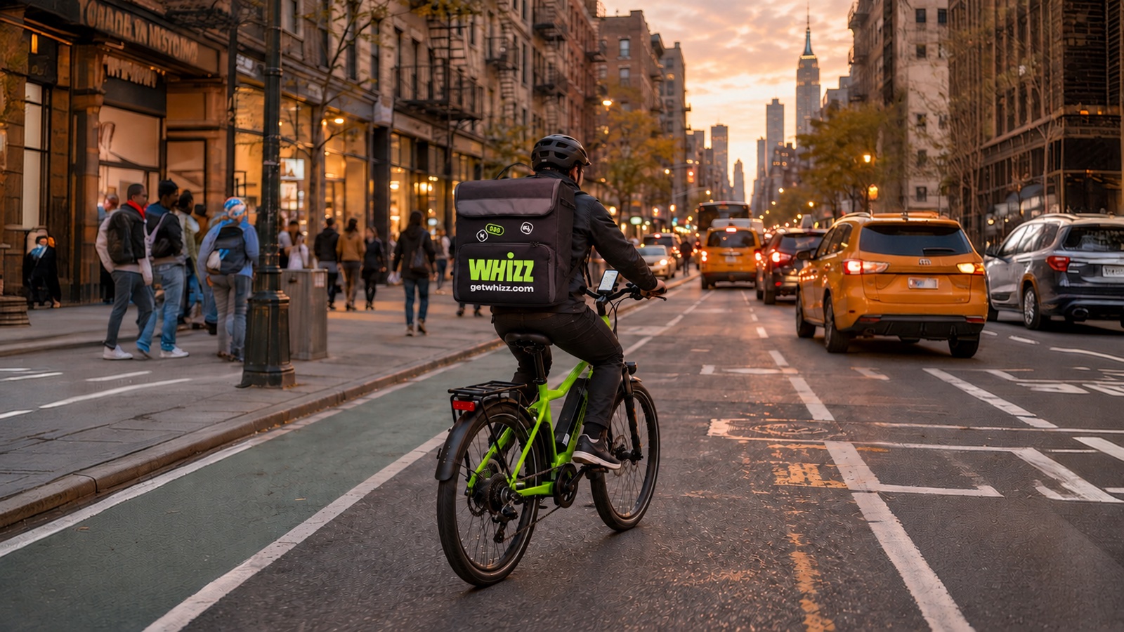 Delivery rider on an e-bike with a Whizz bag in a Manhattan bike lane at dusk, yellow taxis and the skyline ahead