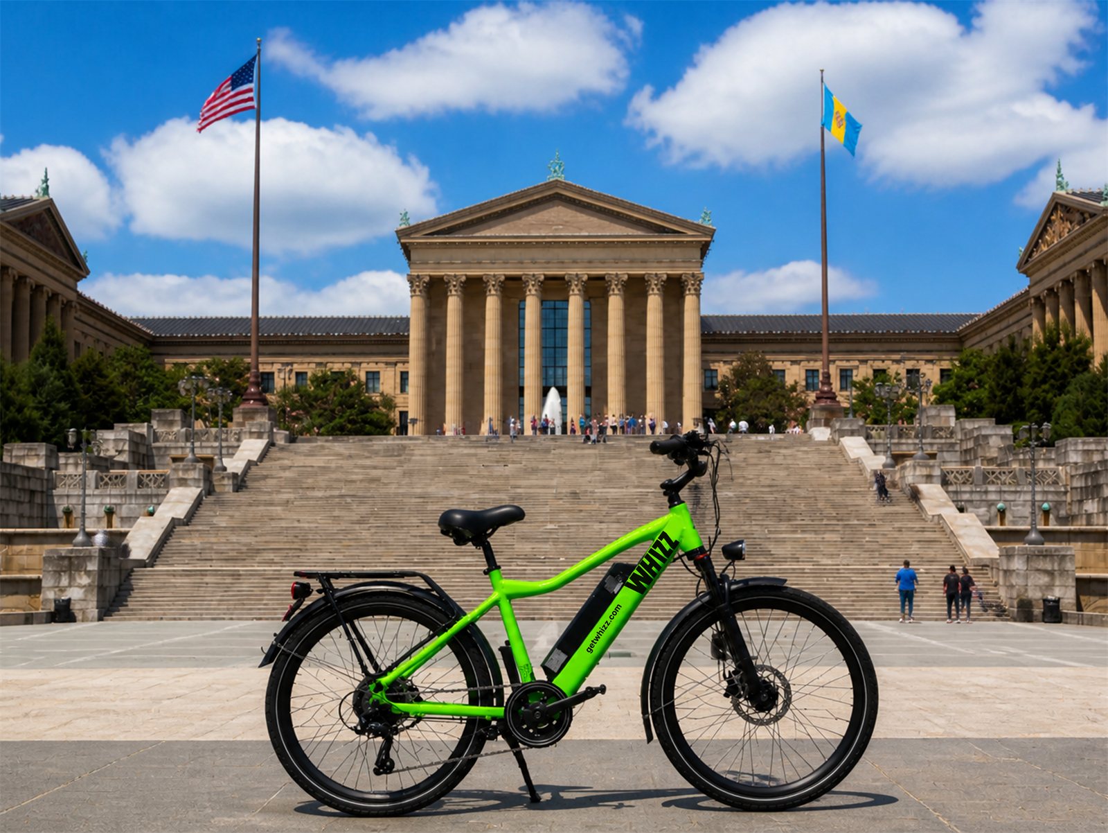 Green Whizz e-bike parked in front of the Philadelphia Museum of Art steps