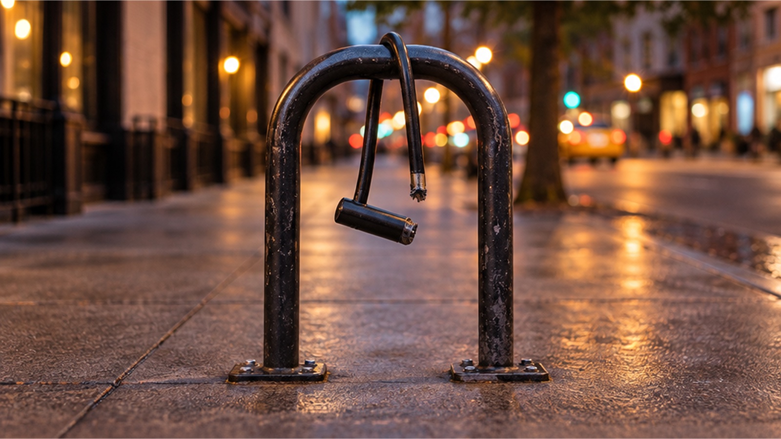 Broken cable lock hanging from an empty black bike rack on a wet city sidewalk at dusk, with street lights and traffic blurred in the background