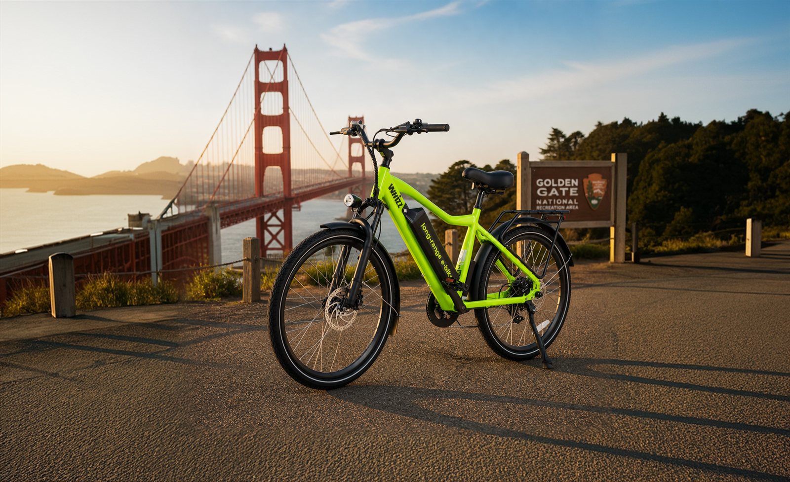 Whizz e-bike at the Golden Gate Bridge overlook in San Francisco