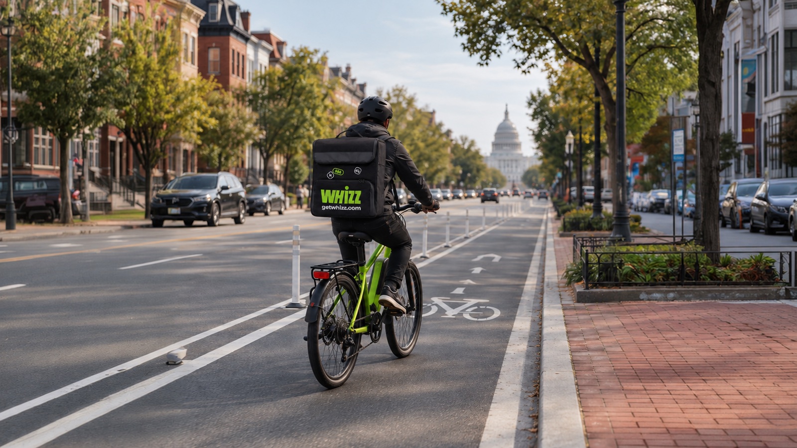 Delivery rider with a black Whizz backpack riding a lime-green e-bike in a protected bike lane in Washington, DC, with the Capitol dome ahead