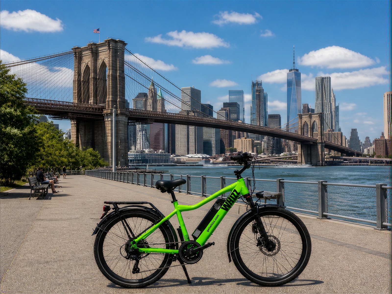 Green Whizz e-bike on the Brooklyn waterfront with the Brooklyn Bridge and Manhattan skyline behind
